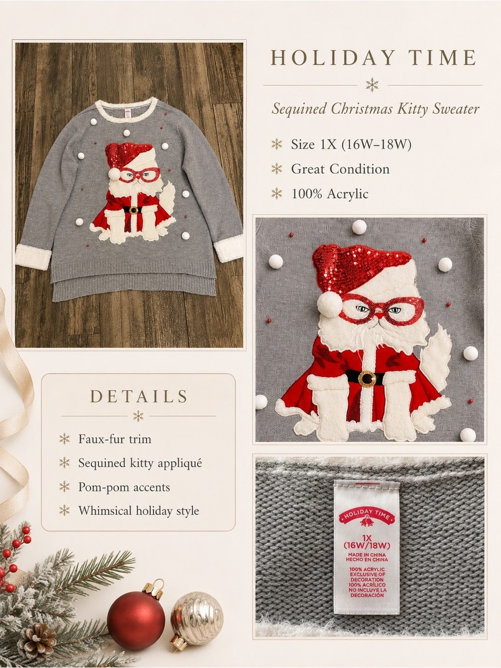🎄❤️ Holiday Time Sequined Christmas Kitty Sweater Plus Size 1X - Picture 2 of 4